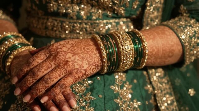 Close up of Indian Bride hands with intricate henna and gold green bangles