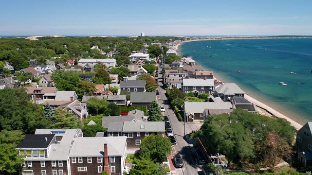 Aerial View Along Provincetown Waterfront and Cape Cod Bay Massachusetts