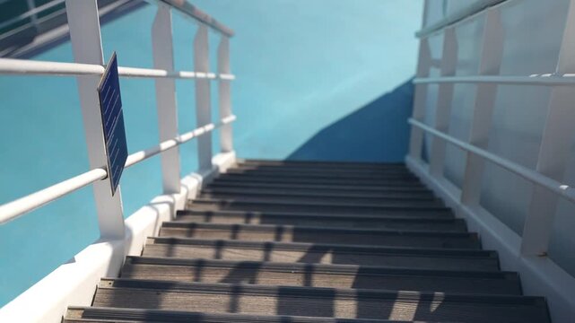 Tilt up from cruise ship stairs to a blue deck overlooking the sea