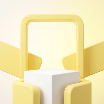 White Cube Yellow Podium Arch 3D Product Display Background Abstract Geometric Empty Showcase Minimal Bright