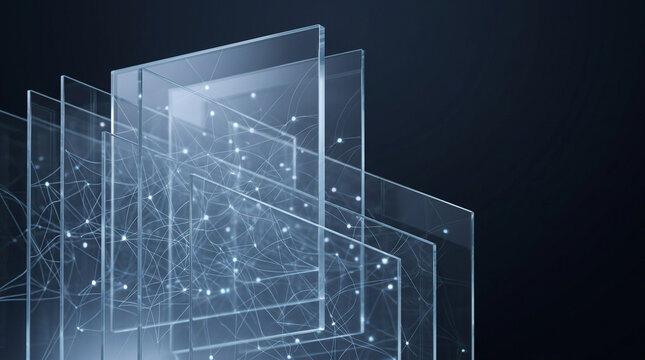 Translucent glass panels display a network of glowing connections against a dark background artificialintelligence neuralnetwork glassplates layered nodes digitalnetwork abstract technology 