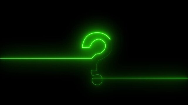 Glowing green neon continuous line forming a question mark isolated on black background, perfect for FAQ, help, problem-solving, and quiz concept.4k video