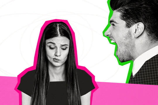 Composite photo collage of upset girl oops expression make failure scream guy boss do reprimand dismissal isolated on painted background