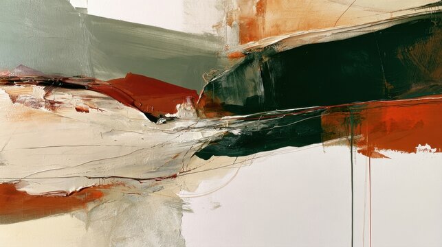 Modern abstract oil painting texture with expressive brushstrokes in rust red, dark green, cream, and beige tones, creating dynamic contemporary fine art composition for elegant interior design