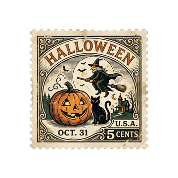 Vintage Halloween postage stamp engraving with flying witch, jack-o'-lantern pumpkin, and black cat isolated on transparent background