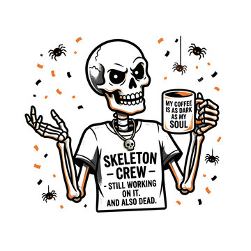 Funny cartoon skeleton drinking coffee in graphic t-shirt isolated on transparent background, sarcastic Halloween and office humor illustration