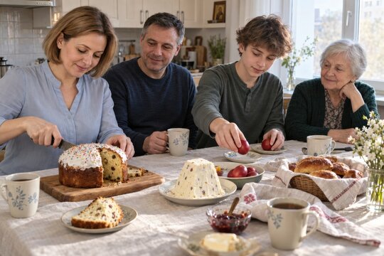 multigenerational family shares an orthodox easter breakfast at home with festive bread, red eggs and dairy dishes after church, celebrating faith, food and family tradition