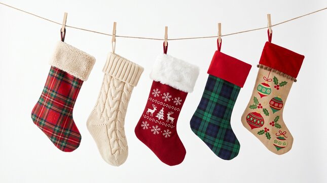 ow of various Christmas stockings hanging on rope with wooden clothespins isolated on white background