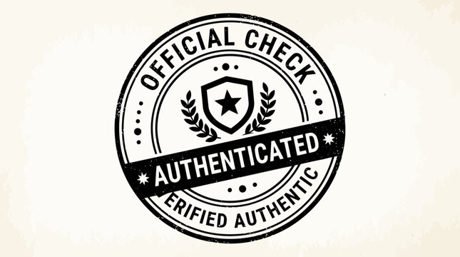 Official check authenticated stamp with shield and star elements for secure vintage product verification branding.