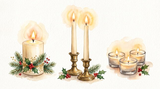 Watercolor Christmas candles set with pillar candle, taper candles in brass candlesticks, and tea lights with holly and pine branches
