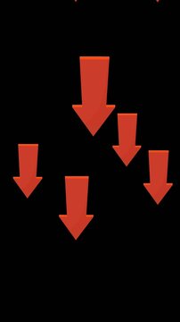 Animated red arrows falling down representing financial crisis. Chroma key green screen with alpha channel. (loopable)