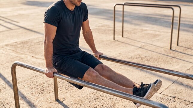 Athletic Man Performing Bodyweight Exercise on Parallel Bars in Outdoor Calisthenics Park for Fitness Marketin