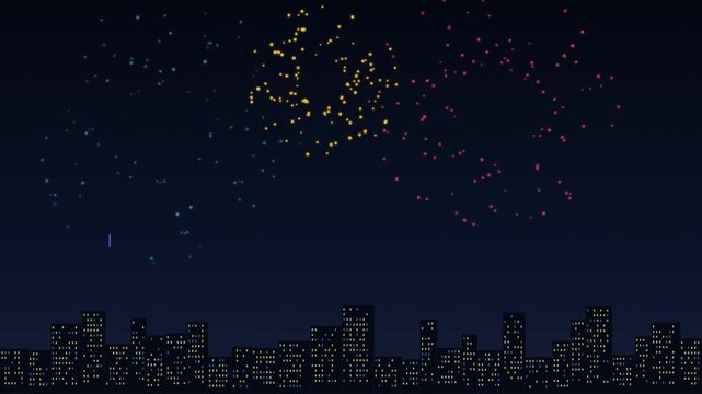 Pixel art fireworks over night city skyline. Retro video game style city silhouette under dark sky with yellow explosions. Nostalgic 8 bit digital graphics for gaming and party concepts.