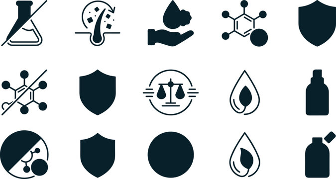 Organic Cosmetics and Paraben Free Skincare Glyph Icon Set with Hypoallergenic Testing, Dermatologist Approved Shields, and Natural Eco Friendly Ingredient Symbols