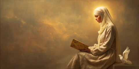 Fototapeta premium Sacred Woman with Dove and Holy Book – AI Generative