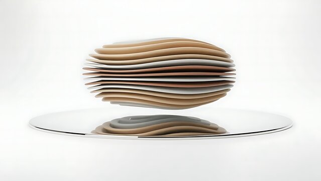 Abstract 3d layered wavy ellipsoid sculpture floating with reflection isolated on white background modern minimal art