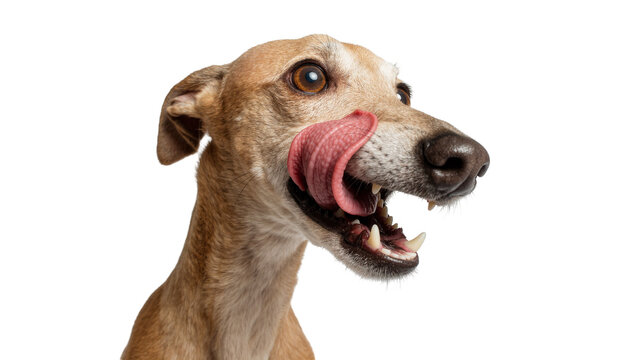 Light brown whippet dog licking its nose with mouth open, isolated on transparent background