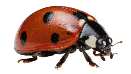 Detailed macro view of a red ladybug with black spots, isolated on transparent background © islapix