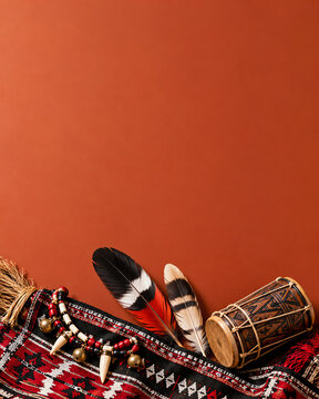 Close-up of Indigenous artifacts including a drum, beads, and feathers on a patterned textile against a plain background