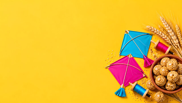 Colorful kites with traditional Indian sweets and thread spools on a bright yellow background celebrating Makar Sankranti festival