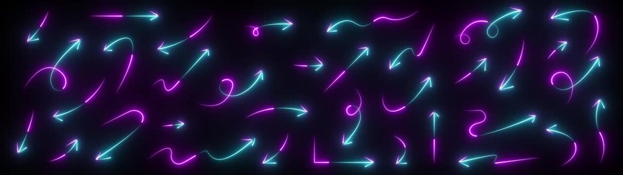 Glowing neon. pink and cyan Arrow drawn hand line icon set. Hand drawn brush chalk stroke arrow curve, thin pencil scribble shape with vintage charcoal crayon texture. symbol. animation