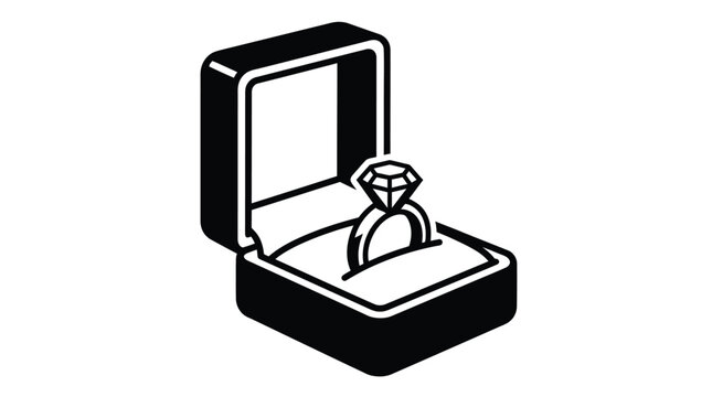 Minimalist black and white vector icon illustration showing engagement ring inside open jewelry box