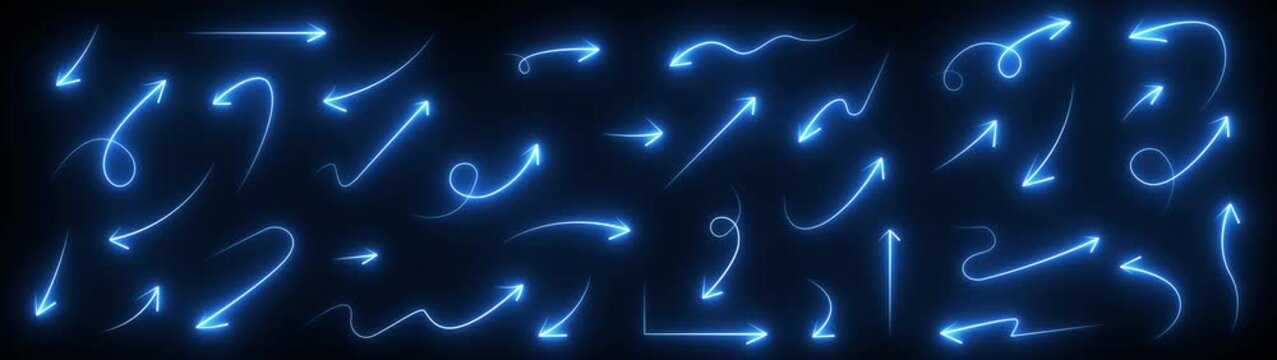 Glowing neon. blue Arrow drawn hand line icon set. Hand drawn brush chalk stroke arrow curve, thin pencil scribble shape with vintage charcoal crayon texture. Doodle up down arrow symbol. animation