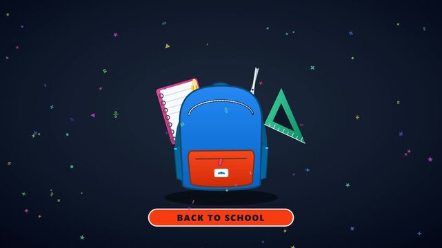 4K 60fps colorful motion graphic animation of a vibrant school backpack popping into frame, unzipping to reveal floating stationery items including pencils, rulers, notebook, and scissors alongside pl