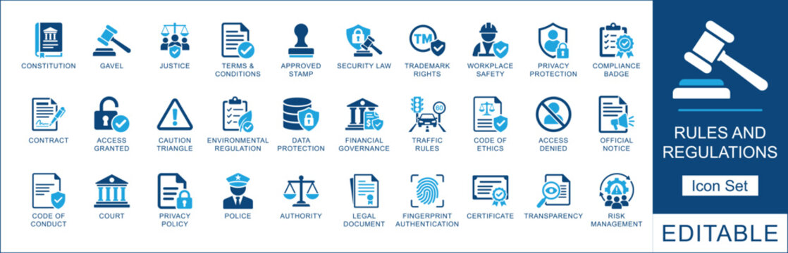 Rules and regulations icon set for legal, compliance, law, court, terms, privacy policy, workplace safety, authority, and risk management.