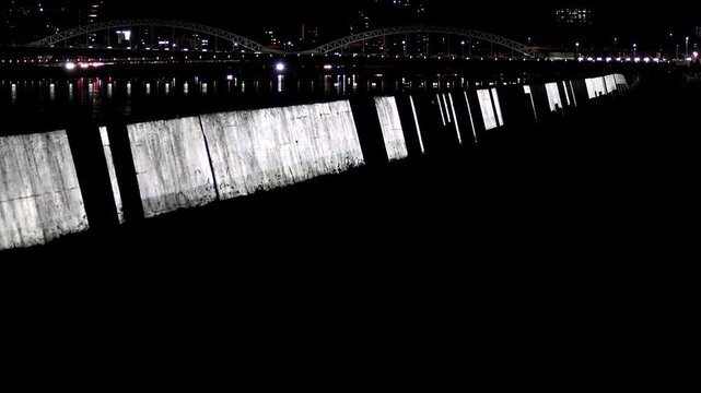 Silver Glowing Quay and Bridge Night View Timelapse with Copy Space,4K,3x Speed