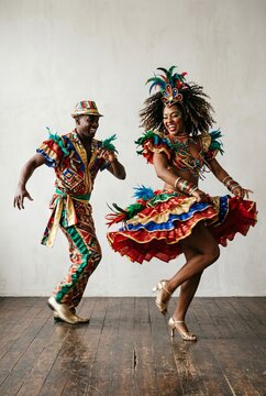 Joyful dancers performing in vibrant colorful carnival festival costumes