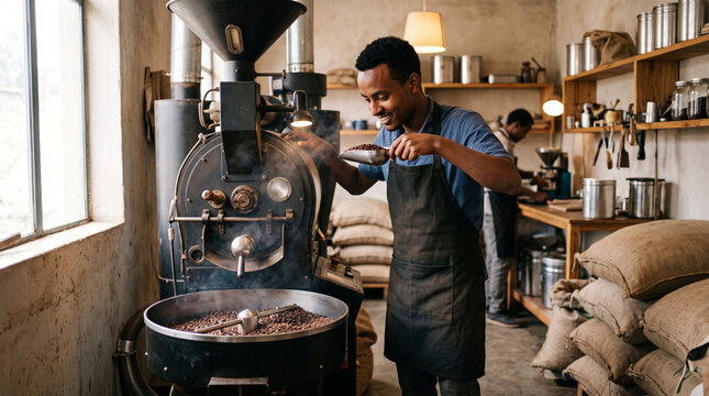 Man roasting coffee beans in a traditional roastery with a large machine and sacks of beans