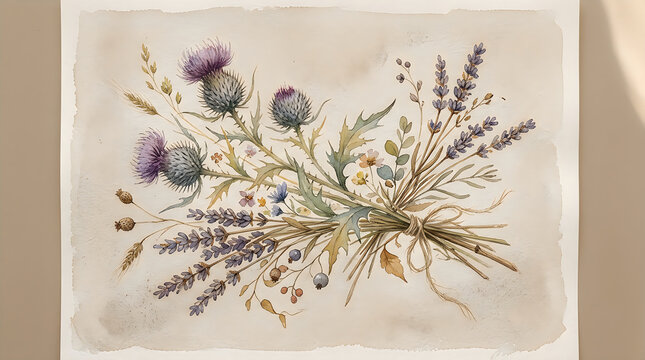 Beautiful botanical bouquet with wild thistle and lavender flowers in a vintage drawing style