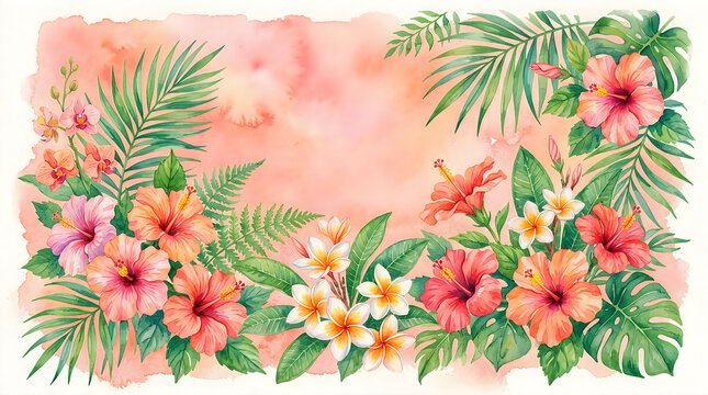 Beautiful watercolor tropical flower frame with hibiscus and palm leaves on a white background