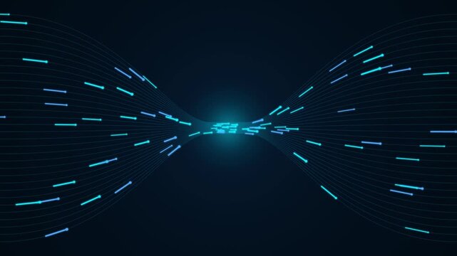 Data stream flow abstract technology background. Glowing blue light particles moving through digital network grid. Futuristic cyberspace connection vector illustration.