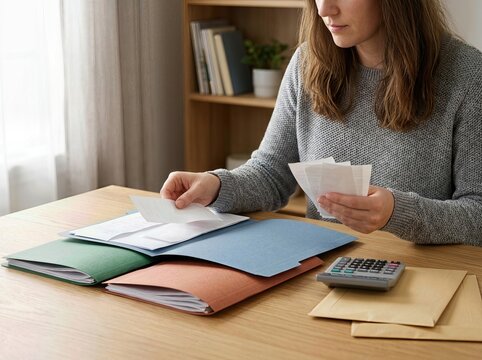 Woman Sorting Receipts Into Folders at Home Office Desk