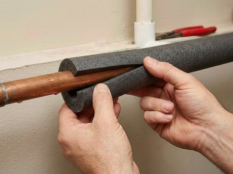 Hands Installing Foam Insulation on Copper Pipe