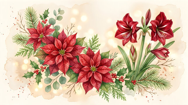 Watercolor christmas arrangement with red poinsettia flowers and amaryllis on white background