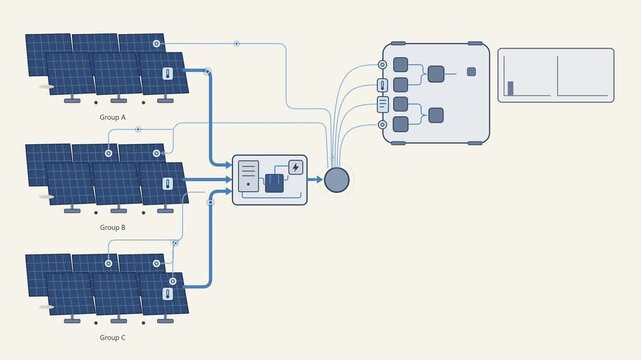 Technical schematic illustration of a solar energy power system featuring photovoltaic panels and battery energy storage