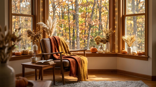 Cozy autumn interior reading nook by bay window with warm blanket, hot mug, pumpkins, and fall forest view