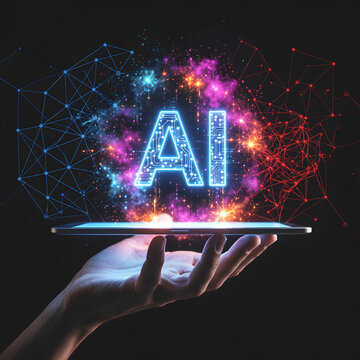 Hand holding a tablet with glowing AI text and digital network