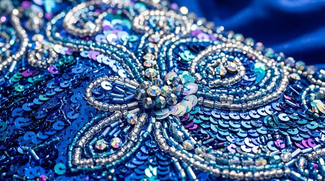 Close up macro view of sparkling blue and silver sequin embroidery forming a floral pattern on fabric
