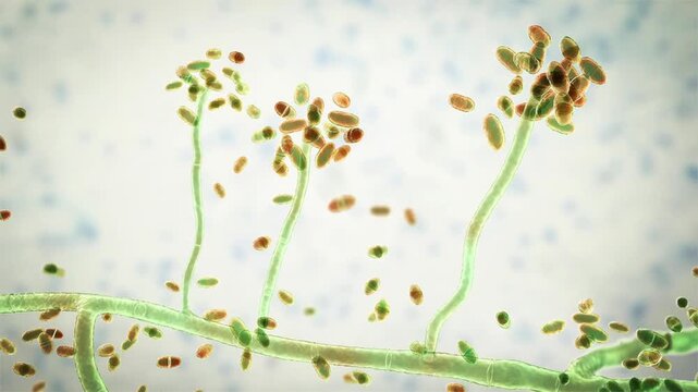 Acremonium fungus, 3D animation showing septate hyphae and conidiophores, clinically significant rare invasive fungal pathogen affecting immunocompromised patients.