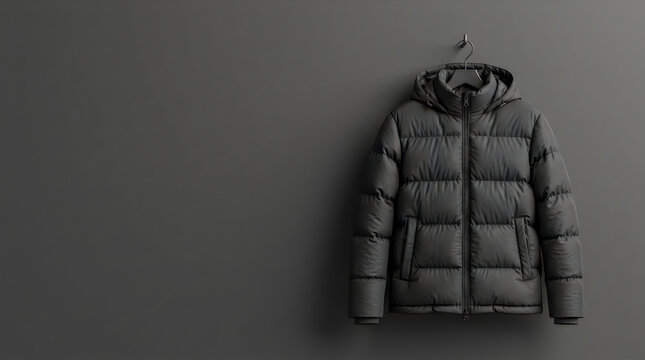 Dark gray puffer jacket hanging on a hook against a textured gray wall
