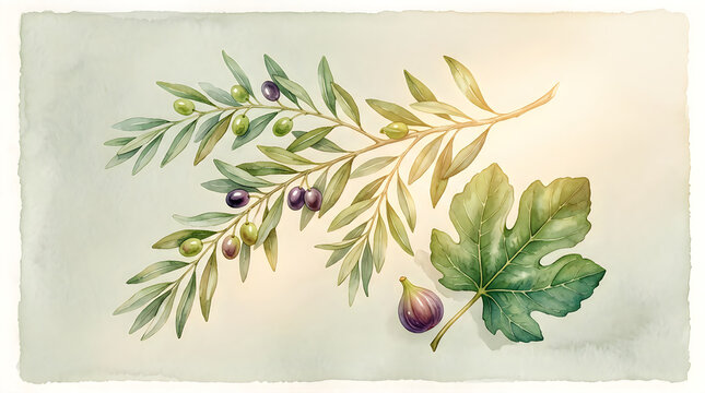 Watercolor illustration of fresh green olive branches with leaves and purple fig fruit