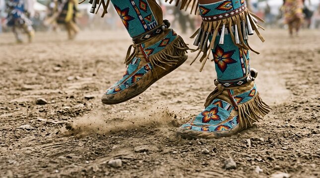 Traditional indigenous dance feet wearing beaded moccasins kicking dust