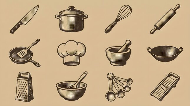 Kitchen tools collection with pots whisk rolling pin and grater for culinary art graphics.
