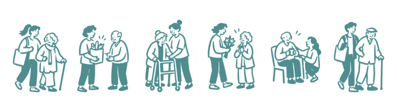 Senior Care and Nursing Home Hand Drawn Doodle Set