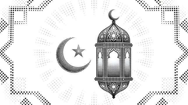 Ramadan kareem crescent moon with traditional lantern halftone pattern islamic graphics.