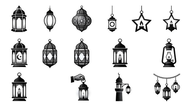 Ramadan lantern icons set with halftone texture for islamic culture and holy celebration.
